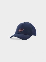 4F Czapka z daszkiem strapback męska - granatowa L. Niebieskie czapki z daszkiem 4F, na lato, z aplikacjami, z syntetyku. W wyprzedaży za 49.99 zł.