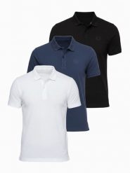 Komplet męskich bawełnianych t-shirtów polo BASIC – czarny/granatowy/biały V1 - Rozmiar: S. Białe koszulki polo sportowe Ombre Clothing, m, bez wzorów, z bawełny, bez kołnierzyka, bez ramiączek. Za 249.99 zł.