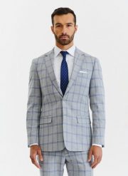 PAKO LORENTE – Szara marynarka garniturowa w niebiesko-białą kratę. Białe garnitury Pako Lorente, m, bez wzorów, z wiskozy. Za 399.99 zł.