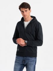 Męska rozpinana dresowa bluza BASIC – czarna V9 OM-SSBZ-0160 - XXL. Czarne bluzy Ombre Clothing, l, bez wzorów, z dresówki, z kapturem. Za 125.99 zł.