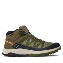 Trekkingi Salomon. Brązowe botki sznurowane Salomon, bez wzorów, z gore-texu, bez obcasa, bez zapięcia. Za 779.99 zł.