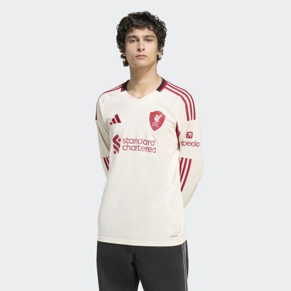 Koszulka z długim rękawem Liverpool FC 25/26 Away. Białe bluzki z długim rękawem Adidas, bez wzorów, bez kołnierzyka, bez ramiączek. Za 479.00 zł.