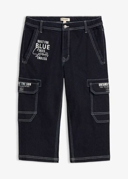 Jeansy 3/4 typu bojówki, z elastycznym pasem, regular fit. Niebieskie jeansy bonprix, m, bez wzorów, z jeansu. Za 159.99 zł.