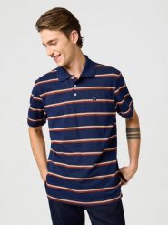 WRANGLER MĘSKA KOSZULKA STRIPE POLO SHIRT NAVY 112362827. Niebieskie koszulki polo Wrangler, m, bez wzorów, bez kołnierzyka, bez ramiączek. Za 89.99 zł.