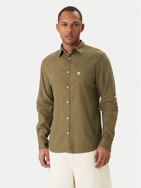 Guess Koszula F6GH06 WG3L0 Zielony Regular Fit. Zielone koszule Guess, l, z aplikacjami, ze lnu, bez kołnierzyka, bez ramiączek. Za 369.99 zł.