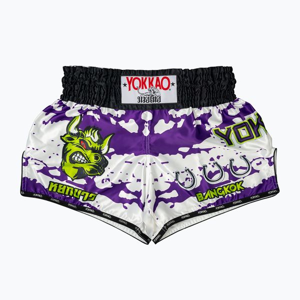 Spodenki treningowe męskie YOKKAO Angry Bull Muay Thai. Białe krótkie spodenki sportowe YOKKAO, l, bez wzorów, z materiału. Za 289.99 zł.