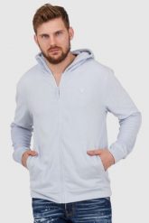 GUESS Błękitna bluza męska z kapturem z frotte. Niebieskie bluzy Guess, l, z aplikacjami, z kapturem. W wyprzedaży za 229.99 zł.