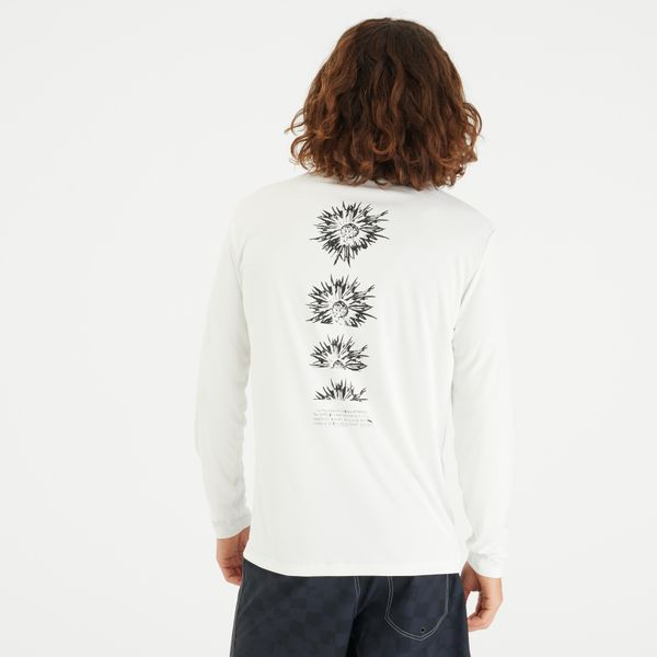 Koszulka UV surfingowa męska Decathlon Flower UPF50+ długi rękaw. Białe bluzki z długim rękawem Decathlon, m, bez wzorów, z dzianiny, bez kołnierzyka, bez ramiączek. Za 59.99 zł.