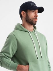 Bluza męska dresowa kangurka z kapturem - zielona V3 OM-SSBN-0177 - S. Zielone bluzy Ombre Clothing, m, z aplikacjami, z bawełny, z kapturem. Za 77.99 zł.
