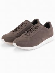 Męskie sportowe buty sneakersy z ekoskóry o zamszowym wykończeniu – ciemnobrązowe V2 OM-FOCS-0161 - 45. Brązowe buty sportowe casual Ombre Clothing, bez wzorów, z gumy, z okrągłym noskiem, bez zapięcia. Za 239.99 zł.