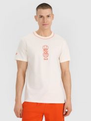 4F T-shirt regular z nadrukiem męski - biały S. Białe t-shirty 4F, m, bez wzorów, z bawełny, bez kołnierzyka, bez ramiączek. W wyprzedaży za 49.99 zł.