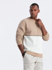 Bluza męska OVERSIZE z kontrastowym łączeniem kolorów - beżowa V2 - Rozmiar: XXL. Brązowe bluzy Ombre Clothing, m, z aplikacjami, z bawełny, bez kaptura. Za 189.99 zł.