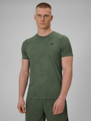4F Koszulka treningowa regular szybkoschnąca męska - khaki S. Brązowe t-shirty 4F, m, bez wzorów, z materiału, bez kołnierzyka, bez ramiączek. Za 129.99 zł.
