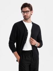Monochromatyczny dzianinowy męski kardigan z wiskozą – czarny V2 OM-SWCD-0126 - XXL. Czarne swetry rozpinane Ombre Clothing, l, z aplikacjami, z dzianiny, bez kołnierzyka, bez ramiączek. Za 101.99 zł.