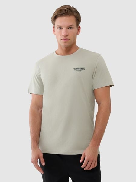 4F T-shirt regular z nadrukiem męski - oliwkowy/khaki S. Brązowe t-shirty 4F, m, bez wzorów, z bawełny, bez kołnierzyka, bez ramiączek. W wyprzedaży za 49.99 zł.