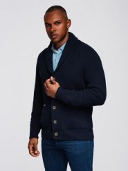 Sweter bawełniany męski kardigan z szalowym kołnierzem - granatowy V1 - Rozmiar: L. Niebieskie swetry rozpinane Ombre Clothing, l, bez wzorów, z bawełny, bez kołnierzyka, bez ramiączek. W wyprzedaży za 155.99 zł.