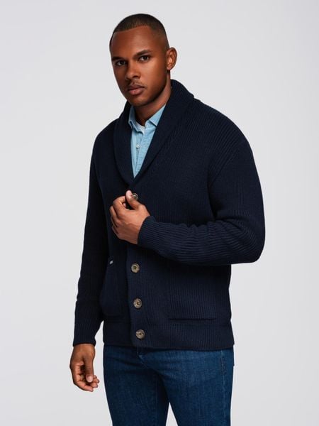 Sweter bawełniany męski kardigan z szalowym kołnierzem - granatowy V1 - Rozmiar: L. Niebieskie swetry rozpinane Ombre Clothing, l, bez wzorów, z bawełny, bez kołnierzyka, bez ramiączek. W wyprzedaży za 167.99 zł.