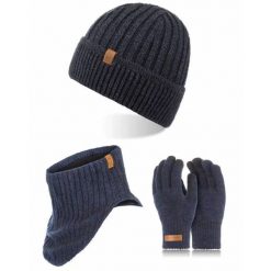 Komplet zimowy Brødrene czapka komin rękawiczki 103145 granatowy. Niebieskie rękawiczki bez wzorów, z dzianiny. Za 118.99 zł.