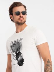 Bawełniana koszulka męska z czaszką – biała V2 OM-TSPT-0200 - XXL. Białe t-shirty Ombre Clothing, l, bez wzorów, z bawełny, bez kołnierzyka, bez ramiączek. W wyprzedaży za 39.99 zł.
