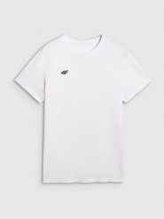 4F T-shirt regular gładki męski - biały L. Białe t-shirty 4F, l, bez wzorów, z bawełny, bez kołnierzyka, bez ramiączek. Za 49.99 zł.