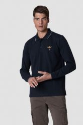 AERONAUTICA MILITARE Granatowy męski longsleeve polo. Niebieskie bluzki z długim rękawem Aeronautica Militare, l, bez wzorów, bez kołnierzyka, bez ramiączek. W wyprzedaży za 259.99 zł.