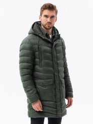 Kurtka męska zimowa parka pikowana - ciemnooliwkowa V1 C555 - XXL. Zielone kurtki Ombre Clothing, na zimę, l, bez wzorów, z nylonu, bez kaptura. W wyprzedaży za 249.99 zł.