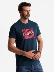 Bawełniana męska koszulka z podwójnym logotypem – granatowa V3 - Rozmiar: M. Niebieskie t-shirty Ombre Clothing, m, bez wzorów, z bawełny, bez kołnierzyka, bez ramiączek. W wyprzedaży za 38.50 zł.