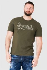 GUESS Oliwkowy t-shirt męski beachwear. Zielone t-shirty Guess, m, z aplikacjami, bez kołnierzyka, bez ramiączek. W wyprzedaży za 109.99 zł.