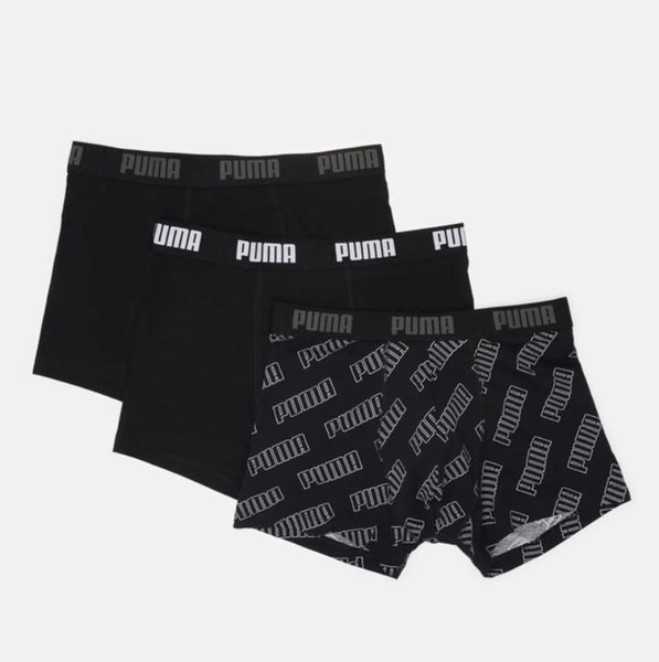 Bokserki męskie Puma LOGO AOP 3-PACK 93554701. Czarne bokserki Puma, m, bez wzorów, z bawełny. Za 135.11 zł.