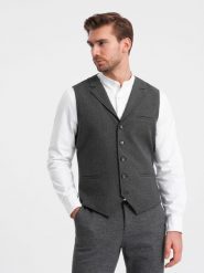 Kamizelka męska garniturowa z kołnierzem - grafitowa V2 OM-BLZV-0109 - XXL. Szare garnitury Ombre Clothing, l, bez wzorów, z poliesteru. Za 149.99 zł.