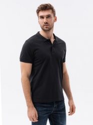 Koszulka męska polo z dzianiny pique - czarna V1 S1374 - S. Czarne koszulki polo sportowe Ombre Clothing, m, bez wzorów, z bawełny, bez kołnierzyka, bez ramiączek. W wyprzedaży za 39.99 zł.