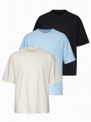 Zestaw bawełnianych koszulek męskich loose fit z okrągłym dekoltem - czarna/błękitna/biała V2 - Rozmiar: XL. Czarne t-shirty Ombre Clothing, m, bez wzorów, z bawełny, bez kołnierzyka, bez ramiączek. Za 209.99 zł.
