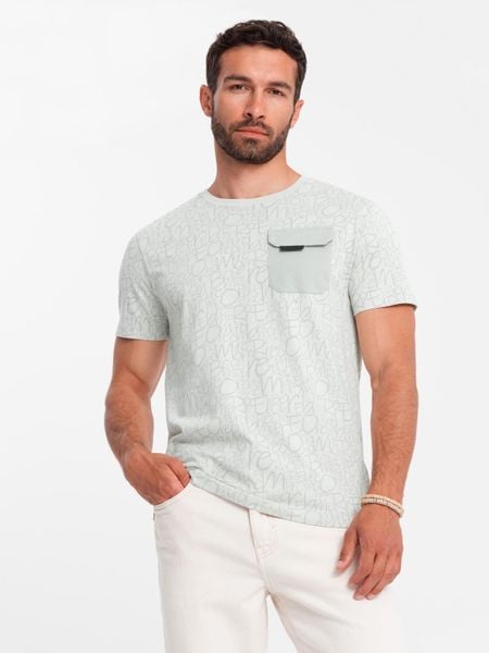 Bawełniany męski t-shirt z literowym printem i kieszonką – żółto-zielony V4. Żółte t-shirty Ombre Clothing, m, bez wzorów, z bawełny, bez kołnierzyka, bez ramiączek. W wyprzedaży za 45.50 zł.