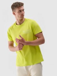4F T-shirt regular z nadrukiem męski - zielony L. Zielone t-shirty 4F, l, bez wzorów, z bawełny, bez kołnierzyka, bez ramiączek. W wyprzedaży za 39.99 zł.