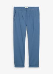 Spodnie z bawełnianego diagonalu z zakładkami poniżej talii, regular fit, prosta nogawka. Niebieskie eleganckie spodnie bonprix, na co dzień, m, z bawełny. Za 127.99 zł.
