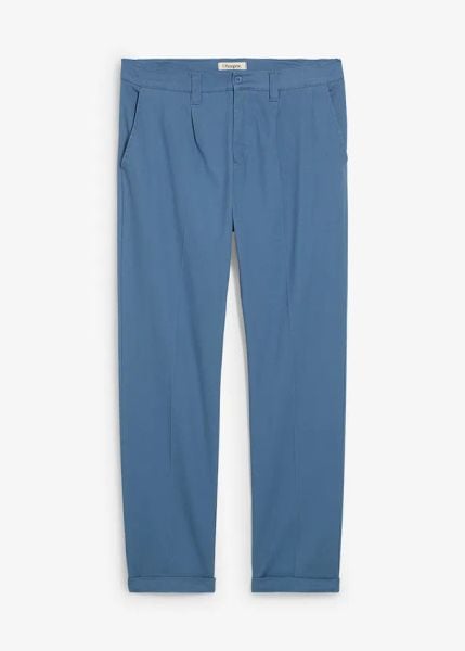 Spodnie z bawełnianego diagonalu z zakładkami poniżej talii, regular fit, prosta nogawka. Niebieskie eleganckie spodnie bonprix, na co dzień, m, z bawełny. Za 127.99 zł.