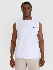 4F Tank top regular gładki męski - biały S. Białe bezrękawniki 4F, m, bez wzorów, z bawełny, bez kołnierzyka, bez ramiączek. Za 49.99 zł.