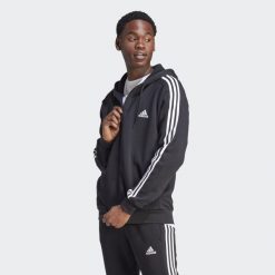 Bluza z kapturem Essentials Fleece 3-Stripes Full-Zip. Czarne bluzy Adidas, s, bez wzorów, z materiału, z kapturem. Za 237.00 zł.