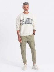 Męskie spodnie JOGGERY z zapinanymi kieszeniami cargo - khaki V1 OM-PAJO-0125 - XXL. Brązowe joggery i bojówki Ombre Clothing, na co dzień, l, bez wzorów, z bawełny. Za 107.99 zł.