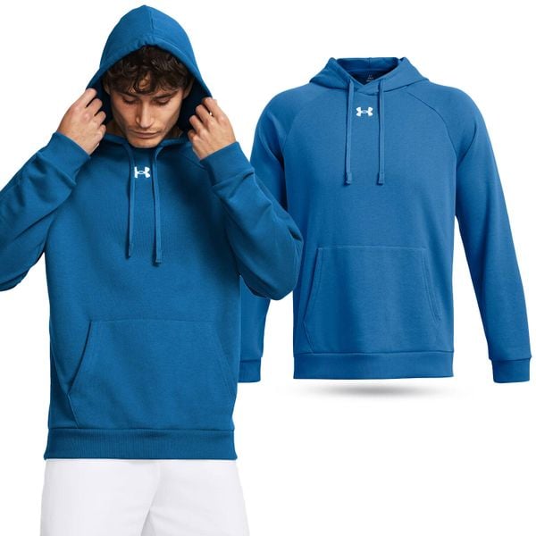 Bluza fitness męska UNDER ARMOUR Rival Fleece Hoodie z kapturem. Niebieskie bluzy Under Armour, m, bez wzorów, z kapturem. Za 234.00 zł.