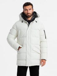 Męska długa kurtka parka ze strukturalnej tkaniny – biała V1 OM-JALJ-0201 - XXL. Białe kurtki Ombre Clothing, l, z aplikacjami, z gumy. W wyprzedaży za 249.99 zł.