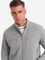 Męska kurtka typu biker z kieszeniami i stójką – szara V3 - Rozmiar: XL. Szare kurtki Ombre Clothing, m, bez wzorów, z materiału, bez kaptura. Za 309.99 zł.