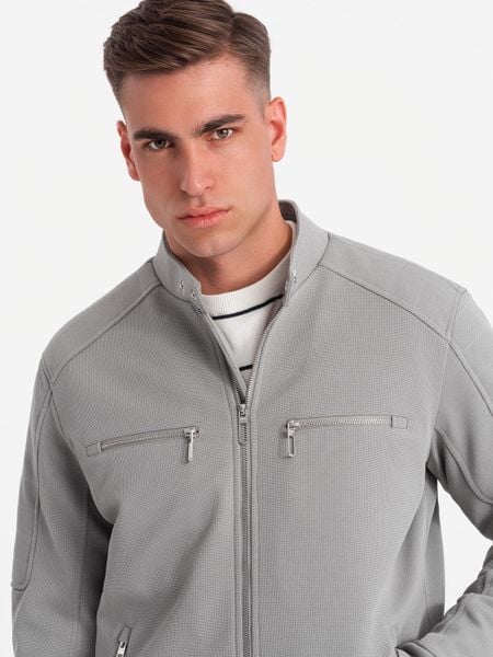 Męska kurtka typu biker z kieszeniami i stójką – szara V3 - Rozmiar: XL. Szare kurtki Ombre Clothing, m, bez wzorów, z materiału, bez kaptura. Za 309.99 zł.