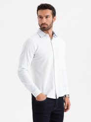 Dzianinowa koszula męska SLIM FIT z długim rękawem – biała V1 OM-SHCS-0177 - XXL. Białe koszule Ombre Clothing, l, bez wzorów, z bawełny, bez kołnierzyka, bez ramiączek. W wyprzedaży za 109.99 zł.