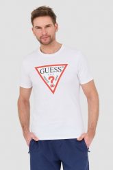 GUESS Biały t-shirt Original Logo Tee. Białe t-shirty Guess, l, z aplikacjami, bez kołnierzyka, bez ramiączek. W wyprzedaży za 113.99 zł.