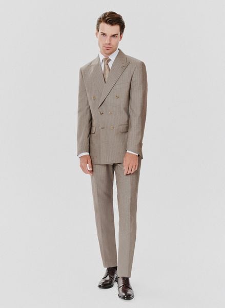 PAKO LORENTE – Beżowa marynarka garniturowa w prążki. Brązowe garnitury Pako Lorente, m, bez wzorów, z poliesteru. Za 399.99 zł.