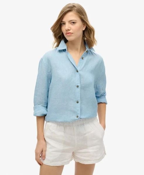 Superdry Koszula Boyfriend Casual z Lnu - Sea Blue Chambray. Niebieskie koszule Superdry, bez wzorów, ze lnu, bez kołnierzyka, bez ramiączek. Za 274.25 zł.