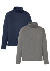T-shirt z długim rękawem i golfem (2 szt.), z czystej bawełny organicznej. Niebieskie bluzki z długim rękawem bonprix, m, bez wzorów, z bawełny, bez kołnierzyka, bez ramiączek. Za 109.98 zł.