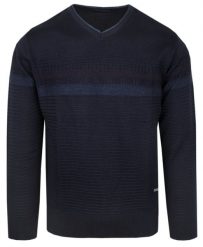 Elegancki Męski Sweter z Dekoltem w Serek (V-Neck) - Trikko - Granatowy. Niebieskie swetry rozpinane Trikko, l, bez wzorów, z bawełny, bez kołnierzyka, bez ramiączek. Za 210.00 zł.