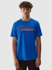 4F T-shirt regular z nadrukiem męski - niebieski M. Niebieskie t-shirty 4F, m, bez wzorów, z bawełny, bez kołnierzyka, bez ramiączek. W wyprzedaży za 29.99 zł.